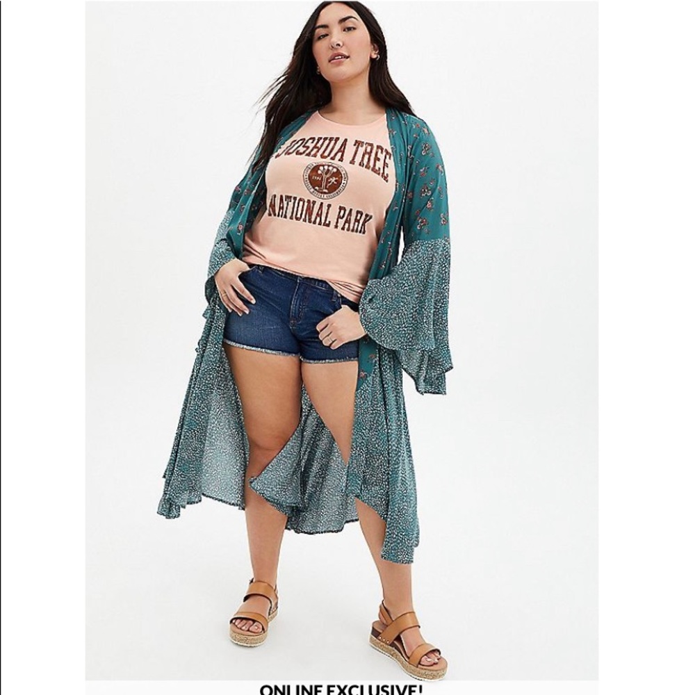 Teal Mix Print Gauze Challis Kimono
